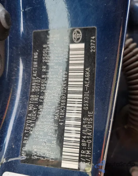 2007 Toyota Avalon Xl из США, поврежденный, VIN 4T1BK36B97U244189